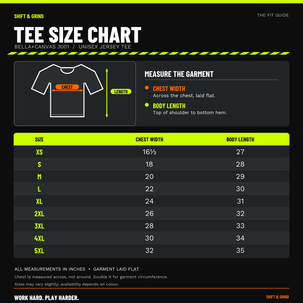 Shift & Grind Bella+Canvas 3001 unisex T-shirt size chart in inches